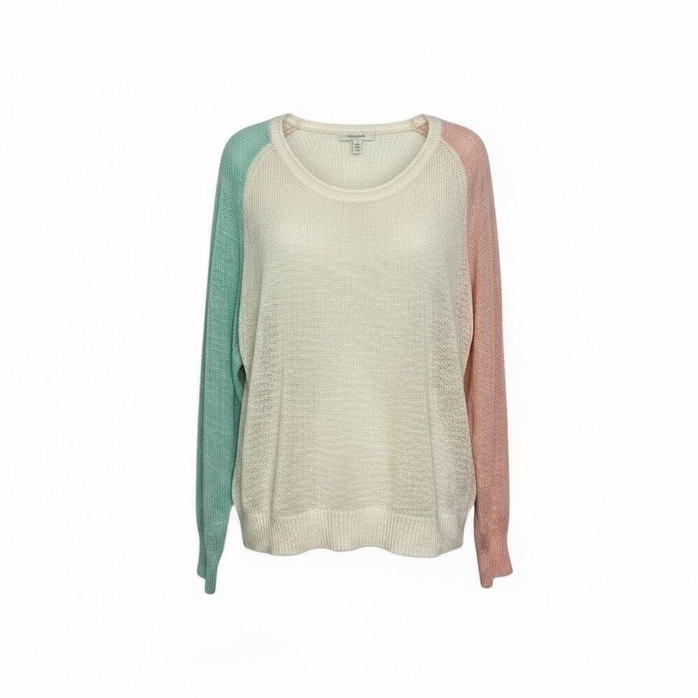 Colorblock Scoop Neck Raglan Long Sleeve Sheer Pullover Sweater Multicolor Large